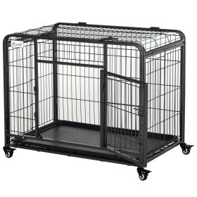 Metal Dog Cage 49" Heavy Duty Folding Kennel with Tray Locking Wheels Dark Gray